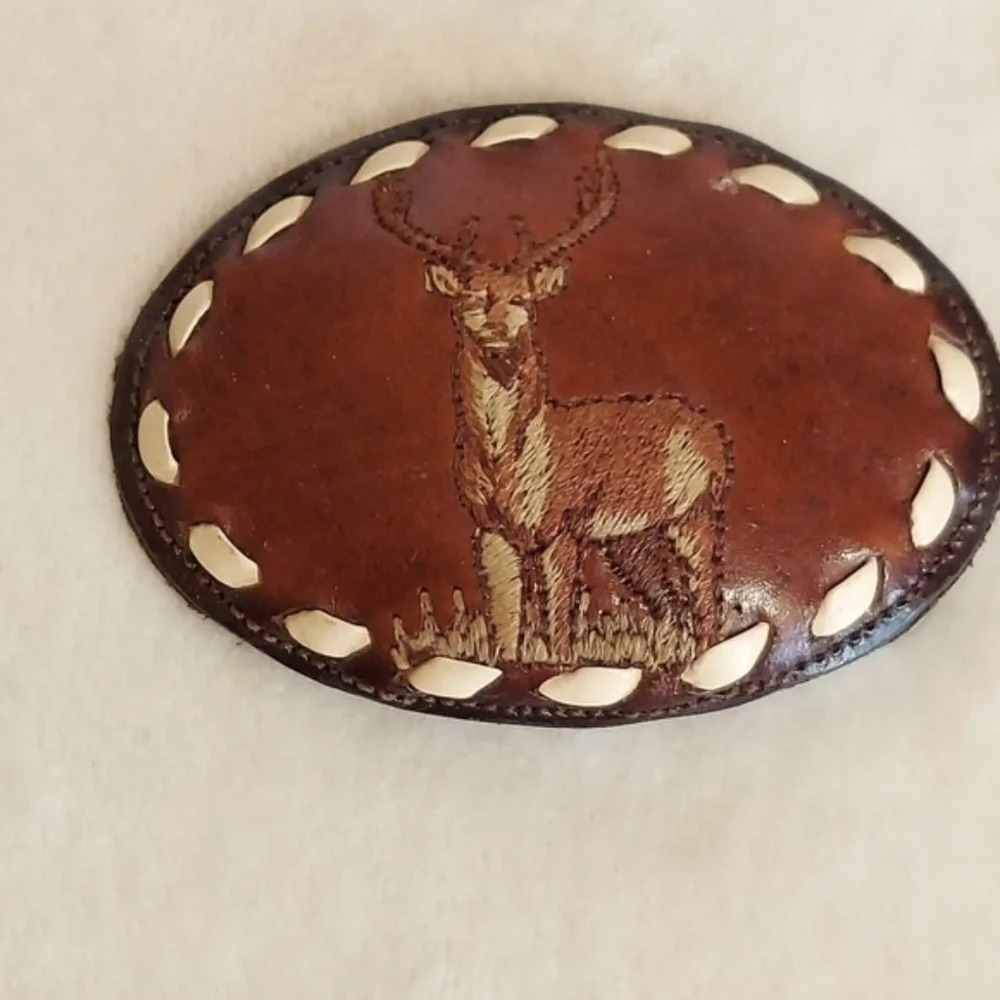 Vintage Nocona Brown Leather Oval Belt Buckle with Embroidered Buck